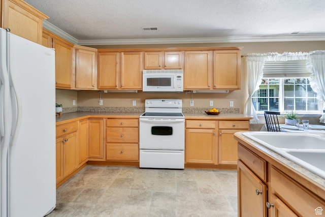 1408 W Westbridge Dr S, Provo, UT 84601 - kitchen with white appliances, crown molding, light countertops, stone finish flooring, and a textured ceiling