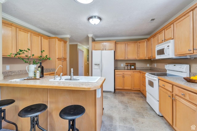 1408 W Westbridge Dr S, Provo, UT 84601 - kitchen featuring white appliances, a peninsula, a breakfast bar area, crown molding, and light countertops