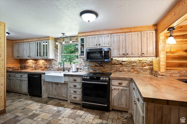 409 N 9000 E, Huntsville, UT 84317 - kitchen featuring electric range oven, dishwasher, backsplash, glass insert cabinets, and a peninsula