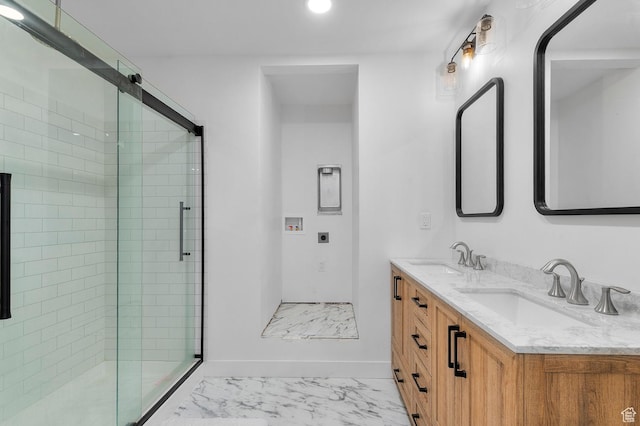 2317 N Timpview Dr E, Provo, UT 84604 - bathroom featuring marble look tile flooring, a shower stall, double vanity, and recessed lighting