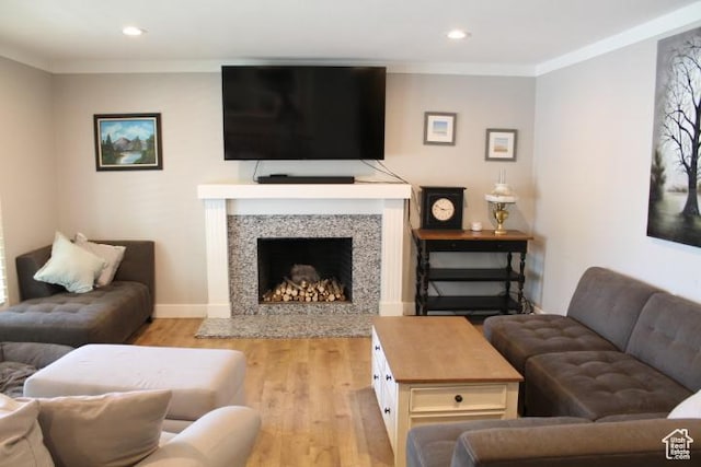1268 E Edenbrook Dr, Sandy, UT 84094 - living area featuring light wood-type flooring, ornamental molding, recessed lighting, and a high end fireplace