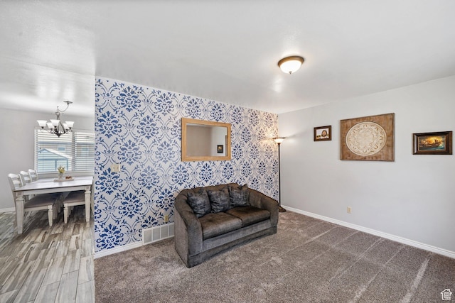 451 S 200 E, Heber City, UT 84032 - living area featuring wallpapered walls, a chandelier, and carpet floors