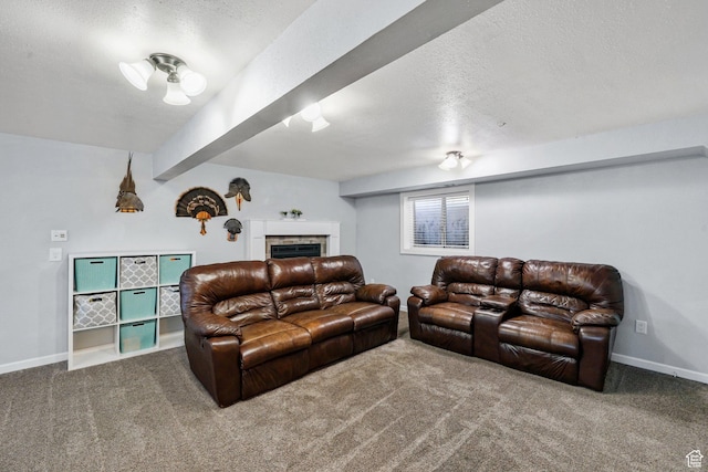 451 S 200 E, Heber City, UT 84032 - carpeted living area with a textured ceiling, a fireplace, and beam ceiling