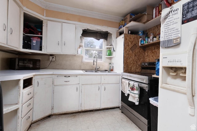 199 S 200 E, Richfield, UT 84701 - kitchen featuring open shelves, stainless steel range with electric stovetop, white refrigerator with ice dispenser, light countertops, and white cabinetry