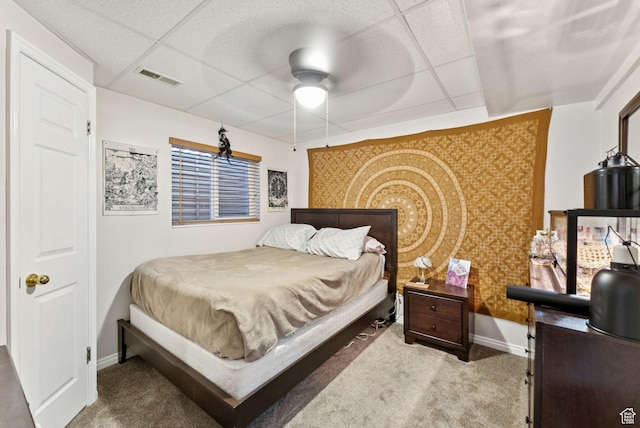 3573 S Deann Dr W, West Valley City, UT 84128 - bedroom featuring carpet floors, a paneled ceiling, wallpapered walls, and ceiling fan