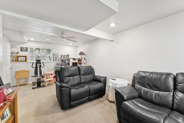 3573 S Deann Dr W, West Valley City, UT 84128 - living area with light carpet, a ceiling fan, a textured ceiling, and recessed lighting
