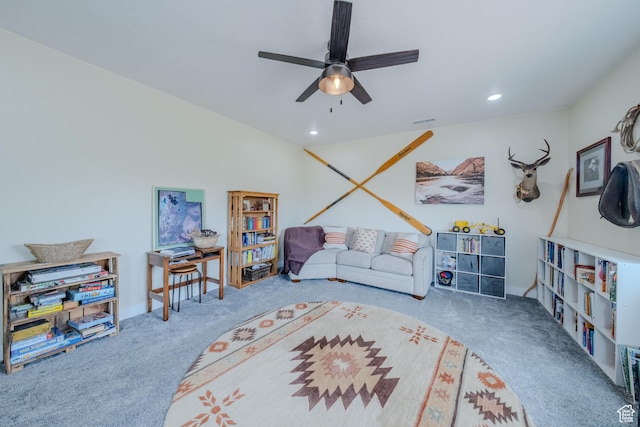 7395 N Johnson Canyon Rd, Kanab, UT 84741 - living room with carpet floors, a ceiling fan, and recessed lighting