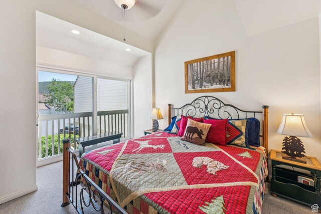 171 Dunlop Ct, Park City, UT 84060 - bedroom with carpet flooring, lofted ceiling, access to outside, and recessed lighting