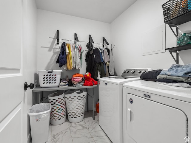 627 S Meade St, Mapleton, UT 84664 - laundry room with washing machine and clothes dryer and light marble finish flooring