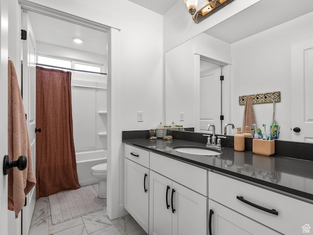 627 S Meade St, Mapleton, UT 84664 - full bathroom with vanity, shower / bath combo with shower curtain, and marble finish flooring