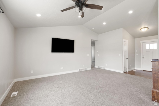 18605 N 6000 W, Riverside, UT 84334 - unfurnished living room featuring carpet, ceiling fan, lofted ceiling, and recessed lighting