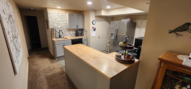 1751 E Canary Way, Eagle Mountain, UT 84005 - kitchen with butcher block counters, black dishwasher, stainless steel refrigerator with ice dispenser, gray cabinetry, and carpet flooring