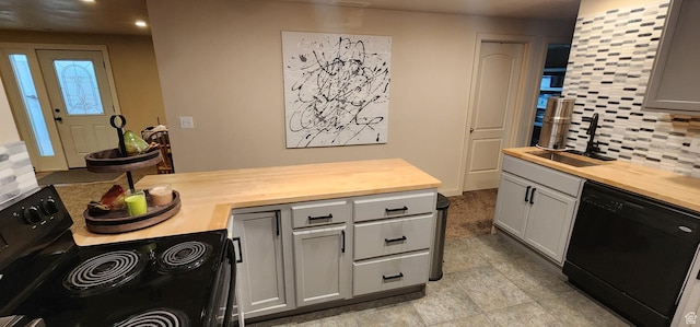 1751 E Canary Way, Eagle Mountain, UT 84005 - kitchen featuring wooden counters, black appliances, backsplash, and recessed lighting