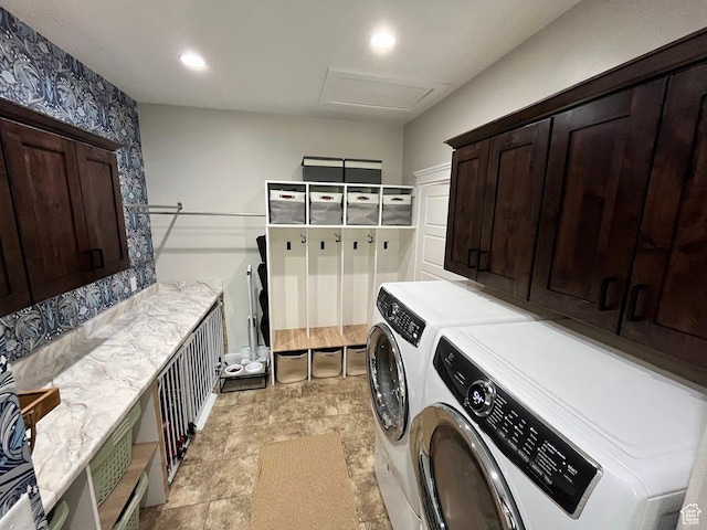 4053 W 3770 S, Wellsville, UT 84339 - laundry room featuring cabinet space, washer and clothes dryer, attic access, and recessed lighting