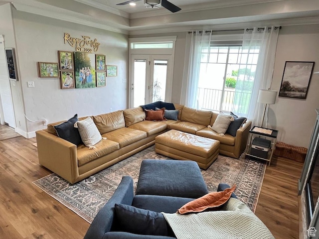 4053 W 3770 S, Wellsville, UT 84339 - living room featuring crown molding, ceiling fan, wood finished floors, and recessed lighting
