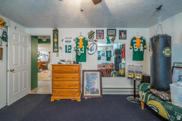 737 Carma Way, Washington, UT 84780 - carpeted bedroom featuring baseboard heating, a textured ceiling, and a ceiling fan