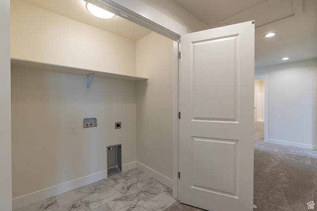 2281 S 1050 W Unit 97, Nibley, UT 84321 - laundry room featuring hookup for an electric dryer, hookup for a washing machine, recessed lighting, and light marble finish floors