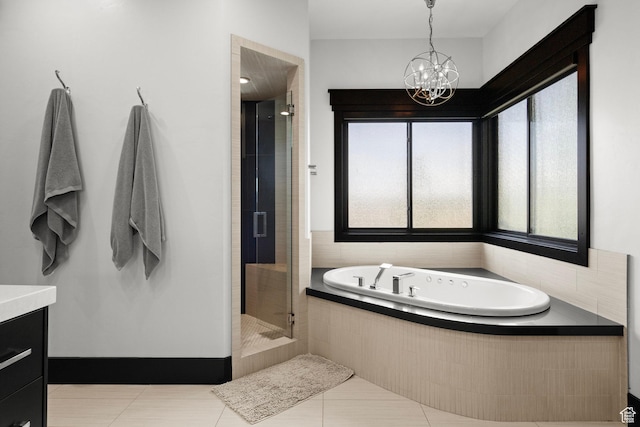 1643 E Box Elder Dr, Alpine, UT 84004 - full bathroom with a bath, tile patterned floors, a stall shower, and a chandelier