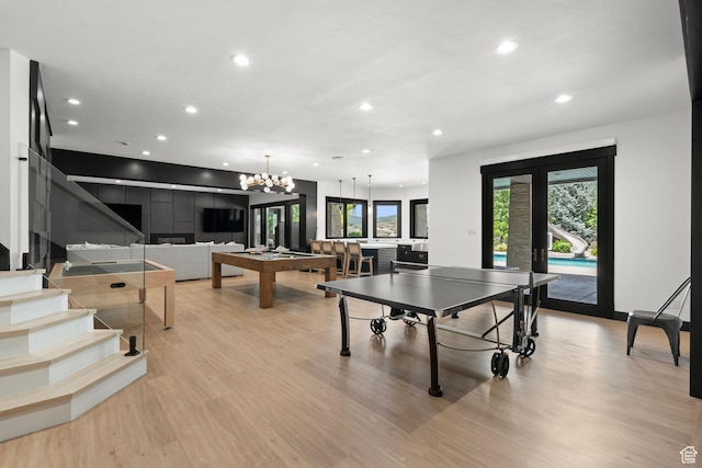 1643 E Box Elder Dr, Alpine, UT 84004 - playroom featuring light wood-style flooring, recessed lighting, a chandelier, french doors, and billiards table