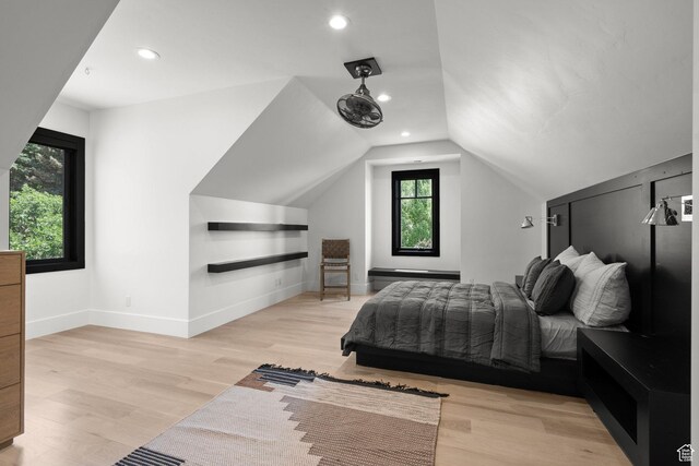 1643 E Box Elder Dr, Alpine, UT 84004 - bedroom with light wood-style flooring, lofted ceiling, and recessed lighting