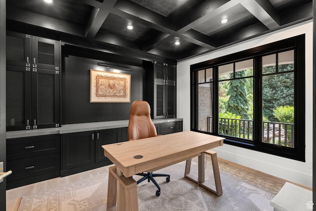 1643 E Box Elder Dr, Alpine, UT 84004 - office space featuring light wood-type flooring, recessed lighting, beam ceiling, and coffered ceiling
