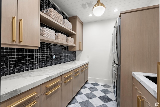 1643 E Box Elder Dr, Alpine, UT 84004 - kitchen featuring open shelves, light flooring, tasteful backsplash, recessed lighting, and light stone counters