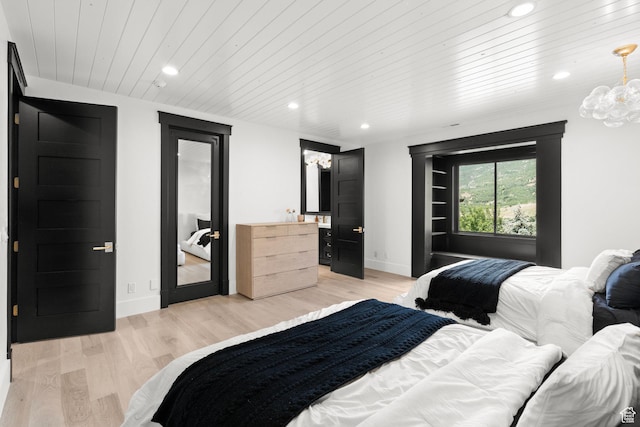 1643 E Box Elder Dr, Alpine, UT 84004 - bedroom with wooden ceiling, recessed lighting, light wood finished floors, a chandelier, and access to outside