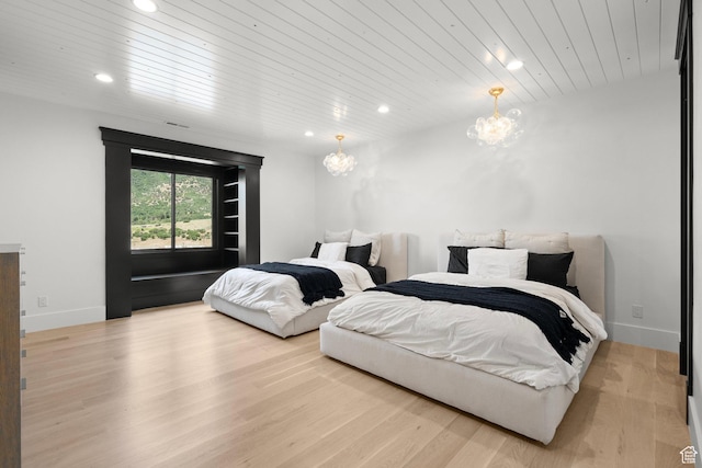 1643 E Box Elder Dr, Alpine, UT 84004 - bedroom with a chandelier, recessed lighting, wood finished floors, and wood ceiling