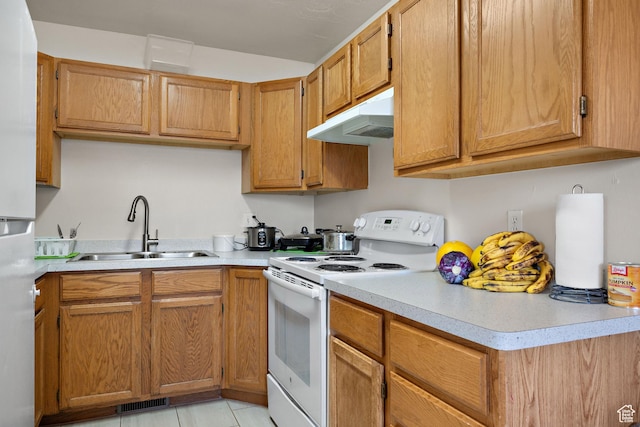 835 E 500 N, Spanish Fork, UT 84660 - kitchen featuring white appliances, under cabinet range hood, light countertops, and brown cabinetry