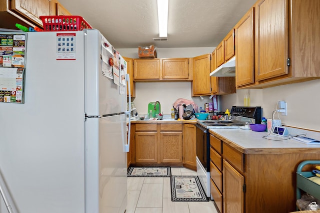 835 E 500 N, Spanish Fork, UT 84660 - kitchen featuring white appliances, light countertops, under cabinet range hood, light tile patterned flooring, and brown cabinets