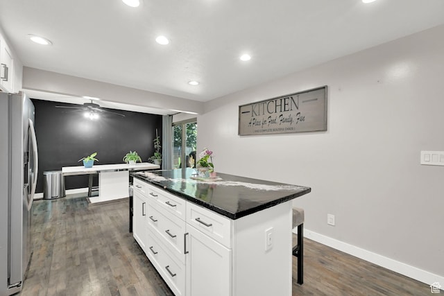 122 W 5300 S, Washington Terrace, UT 84405 - kitchen featuring stainless steel refrigerator with ice dispenser, dark wood-type flooring, a kitchen bar, a center island, and recessed lighting