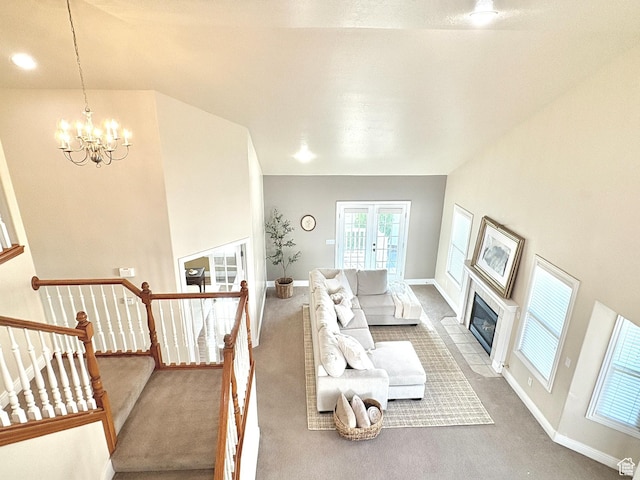 1017 E 450 N Cir N, American Fork, UT 84003 - carpeted living room featuring a chandelier and a tiled fireplace