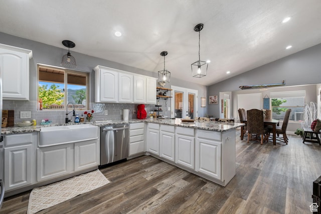 3712 N 250 E, Enoch, UT 84721 - kitchen featuring dishwasher, a peninsula, backsplash, white cabinetry, and lofted ceiling