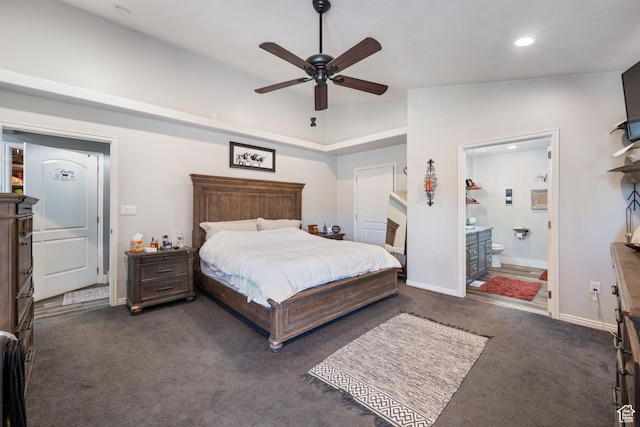 3712 N 250 E, Enoch, UT 84721 - bedroom featuring dark colored carpet, recessed lighting, ensuite bath, and a ceiling fan