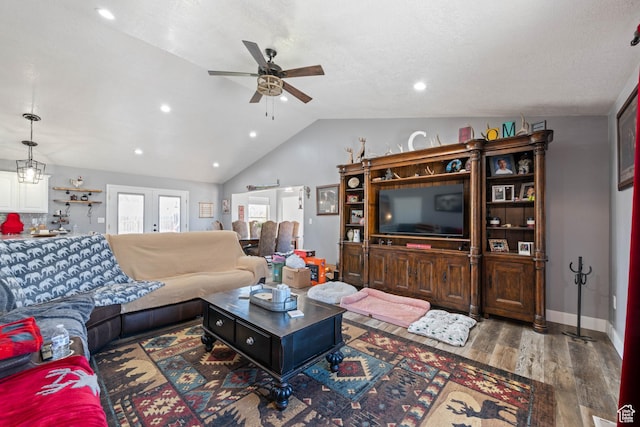 3712 N 250 E, Enoch, UT 84721 - living area with a ceiling fan, vaulted ceiling, wood finished floors, recessed lighting, and french doors
