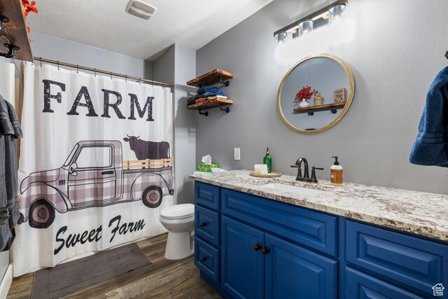 3712 N 250 E, Enoch, UT 84721 - full bath with wood finished floors, vanity, a shower with curtain, and a textured ceiling