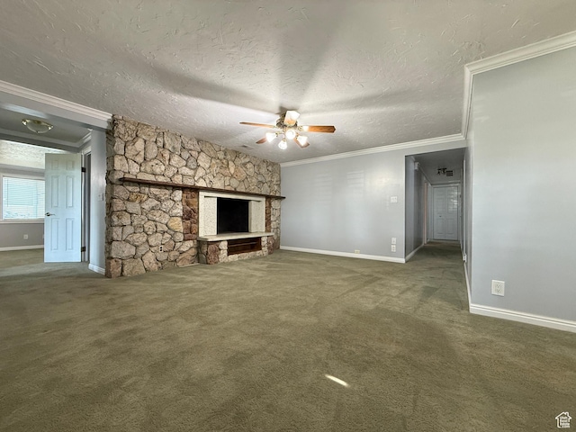 1885 S 50 W, Bountiful, UT 84010 - unfurnished living room featuring crown molding, a ceiling fan, carpet flooring, a fireplace, and a textured ceiling