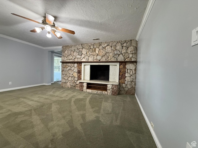 1885 S 50 W, Bountiful, UT 84010 - unfurnished living room with crown molding, a ceiling fan, carpet, a fireplace, and a textured ceiling