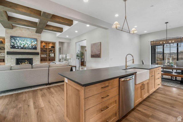 330 N Haystack Mountain Dr, Heber City, UT 84032 - kitchen featuring stainless steel dishwasher, a chandelier, wood finished floors, recessed lighting, and coffered ceiling