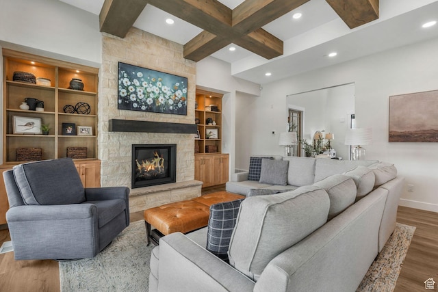 330 N Haystack Mountain Dr, Heber City, UT 84032 - living area featuring wood finished floors, beam ceiling, coffered ceiling, recessed lighting, and a stone fireplace