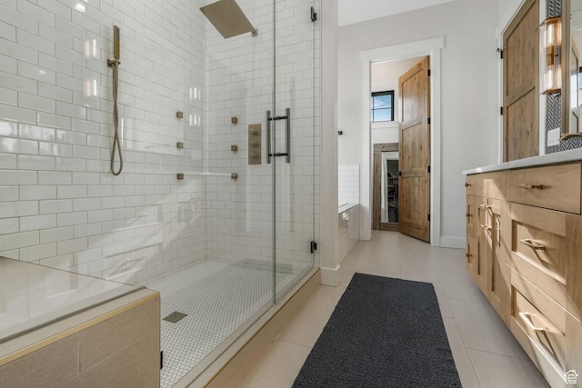 330 N Haystack Mountain Dr, Heber City, UT 84032 - full bathroom featuring a stall shower, tile patterned floors, and vanity