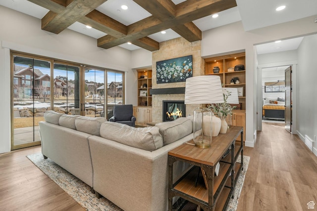 330 N Haystack Mountain Dr, Heber City, UT 84032 - living room with light wood-type flooring, beamed ceiling, coffered ceiling, a fireplace, and recessed lighting