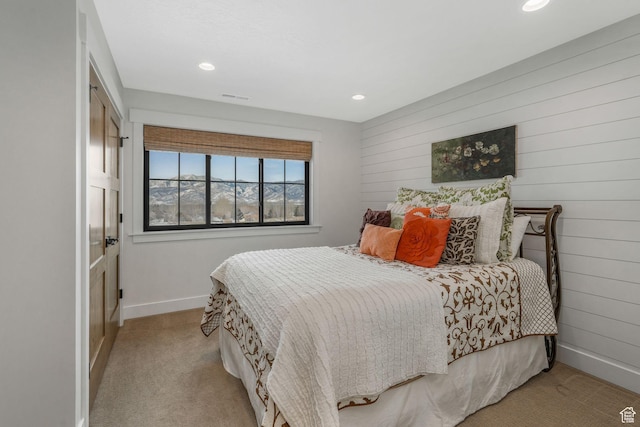 330 N Haystack Mountain Dr, Heber City, UT 84032 - bedroom featuring light colored carpet, wood walls, and recessed lighting