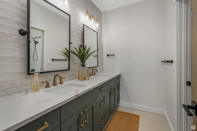 330 N Haystack Mountain Dr, Heber City, UT 84032 - bathroom featuring double vanity, decorative backsplash, tile patterned flooring, and a tile shower