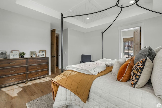 330 N Haystack Mountain Dr, Heber City, UT 84032 - bedroom featuring light wood-style floors, a tray ceiling, and recessed lighting