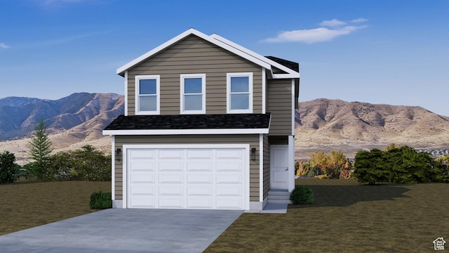 2362 E Woodbury Ln Unit 548, Eagle Mountain, UT 84005 - traditional home featuring a mountain view, concrete driveway, a front lawn, and a garage
