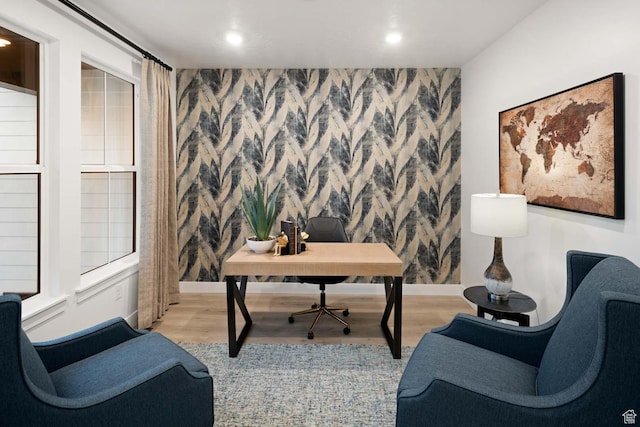 1587 E 820 N Unit 108, Salem, UT 84653 - office featuring light wood finished floors, recessed lighting, an accent wall, and wallpapered walls