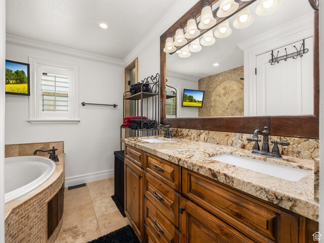 3228 N Brook Ln W, Provo, UT 84604 - full bathroom featuring double vanity, a garden tub, ornamental molding, and tile patterned floors