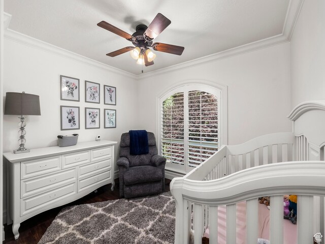 3228 N Brook Ln W, Provo, UT 84604 - bedroom featuring crown molding, dark wood-style floors, a crib, and ceiling fan