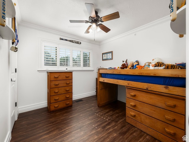 3228 N Brook Ln W, Provo, UT 84604 - bedroom featuring dark wood finished floors, ornamental molding, a desk, and a ceiling fan